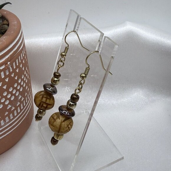 Reimagined Tan Glass and Wood Bead Earrings - Picture 3 of 5